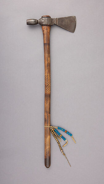 Pipe Tomahawk, Iron, wood, brass, glass, leather, Native American, Plains 