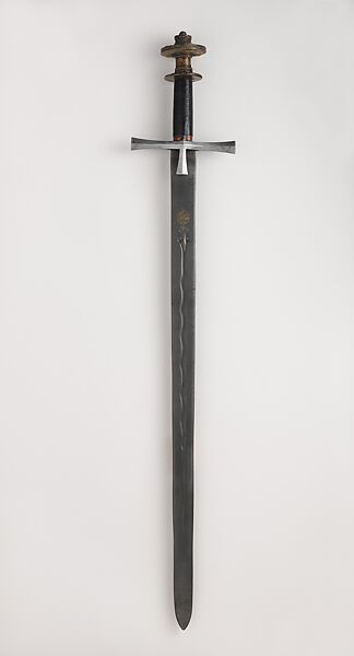 Sword (Kaskara), Steel, copper alloy, wood, leather, gold, hilt, Sudanese; blade, Iranian 
