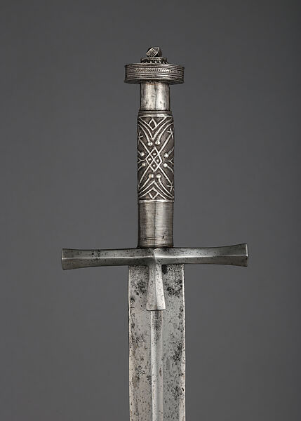 Sword (Kaskara), Steel, silver, wood, hilt, Sudanese; blade, European 