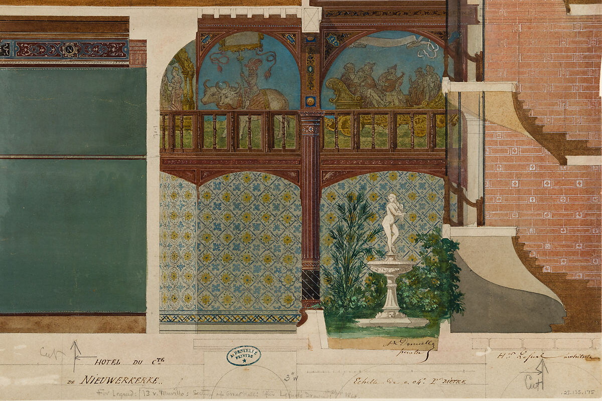 Architectural Drawing of the Interior of the Comte de Nieuwerkerke's House, Studio of Hector-Martin Lefuel (French, Versailles 1810–1880 Paris), Pen and watercolor on paper, French, Paris