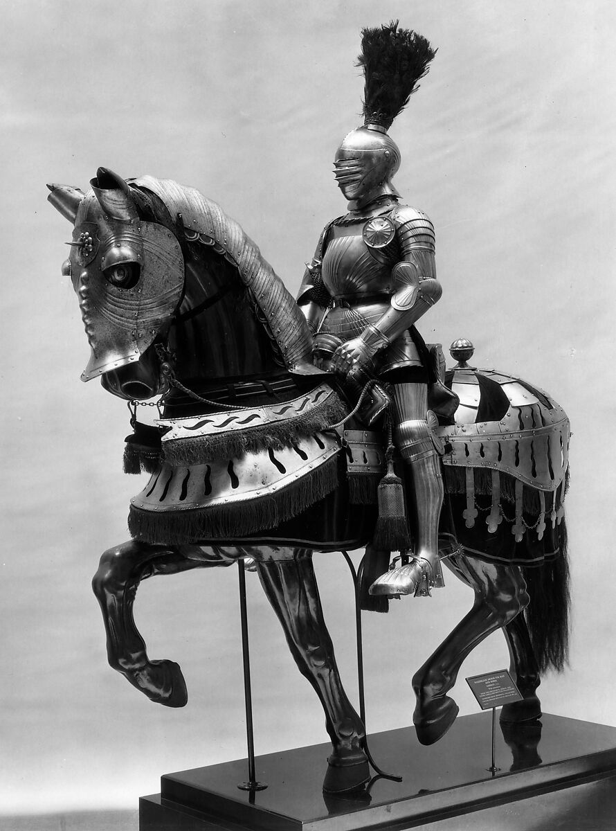 Armor for Man and Horse with Horse Trappings, Steel, wood, leather, velvet, brass, feathers (peacock), German 