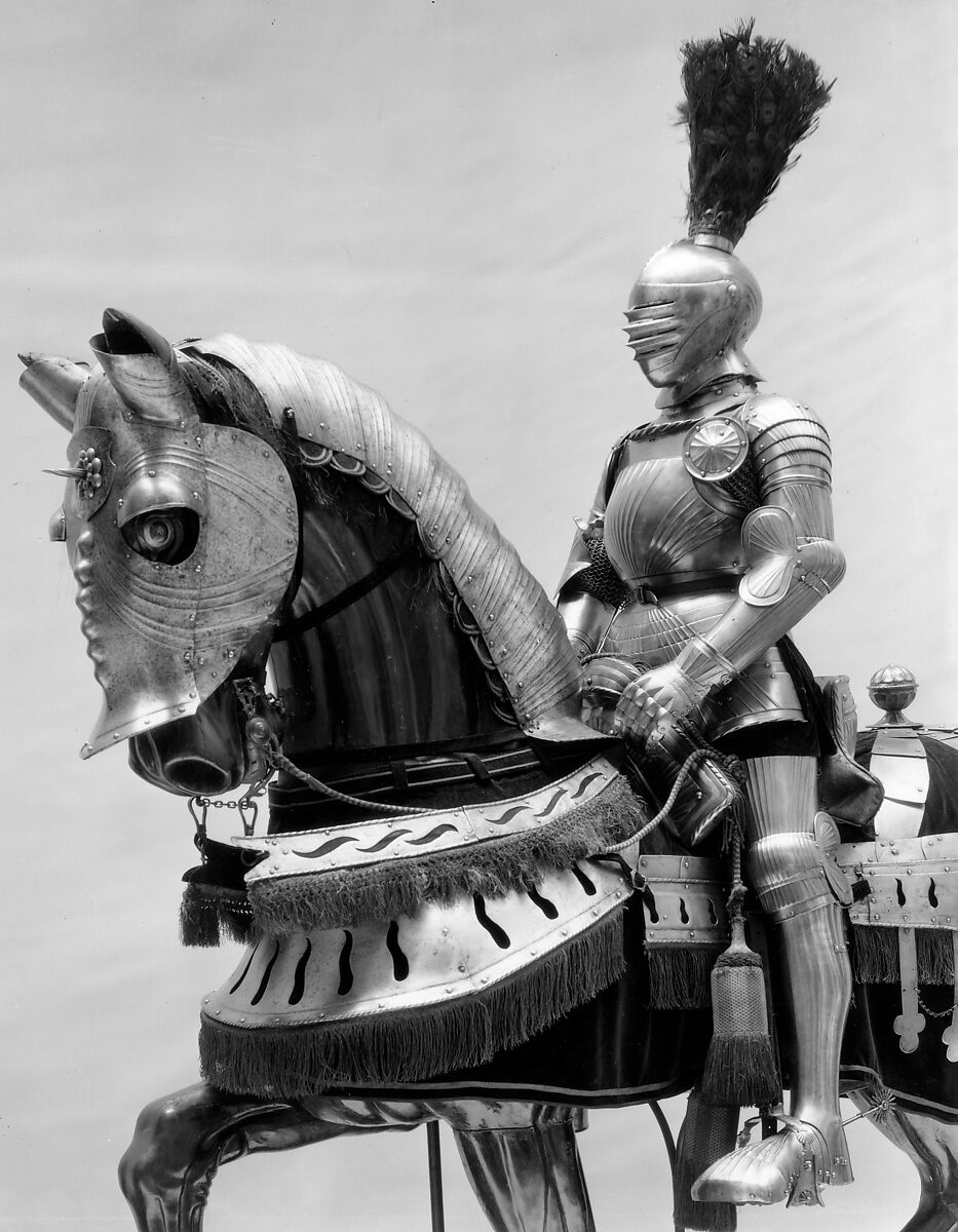 Armor for Man and Horse with Horse Trappings, Steel, wood, leather, velvet, brass, feathers (peacock), German