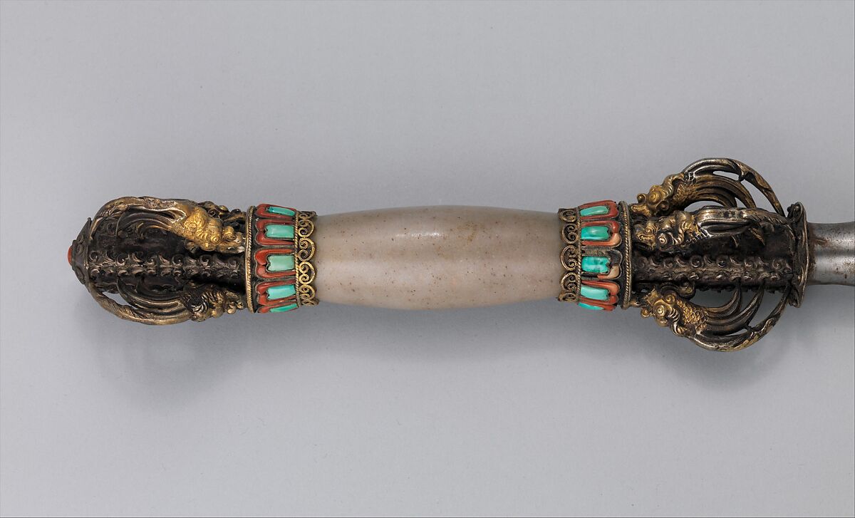 Baton (Bian), Iron, silver, gold, turquoise, coral, agate, Chinese