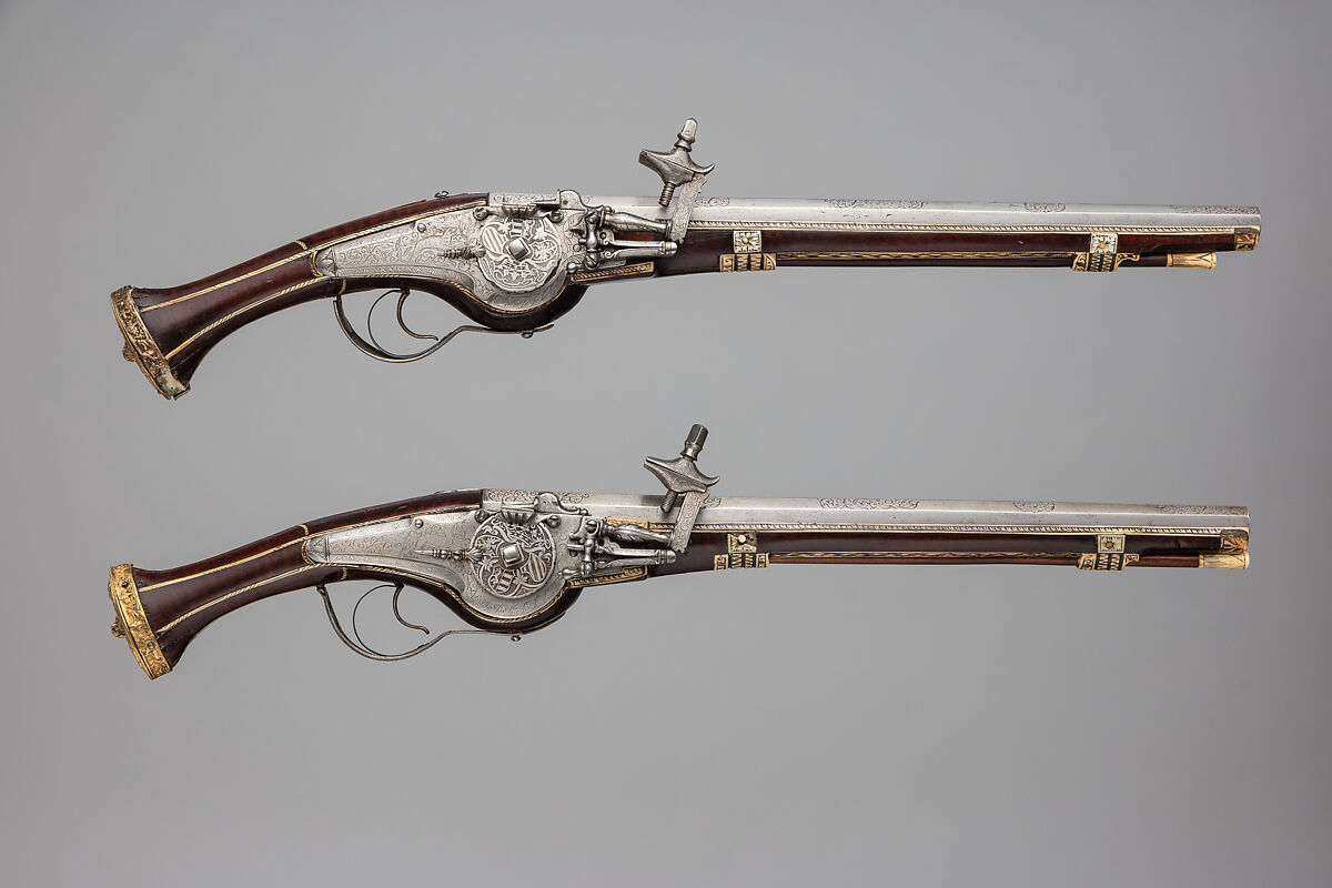 Pair of Wheellock Pistols, Wood (walnut), steel, staghorn, German 