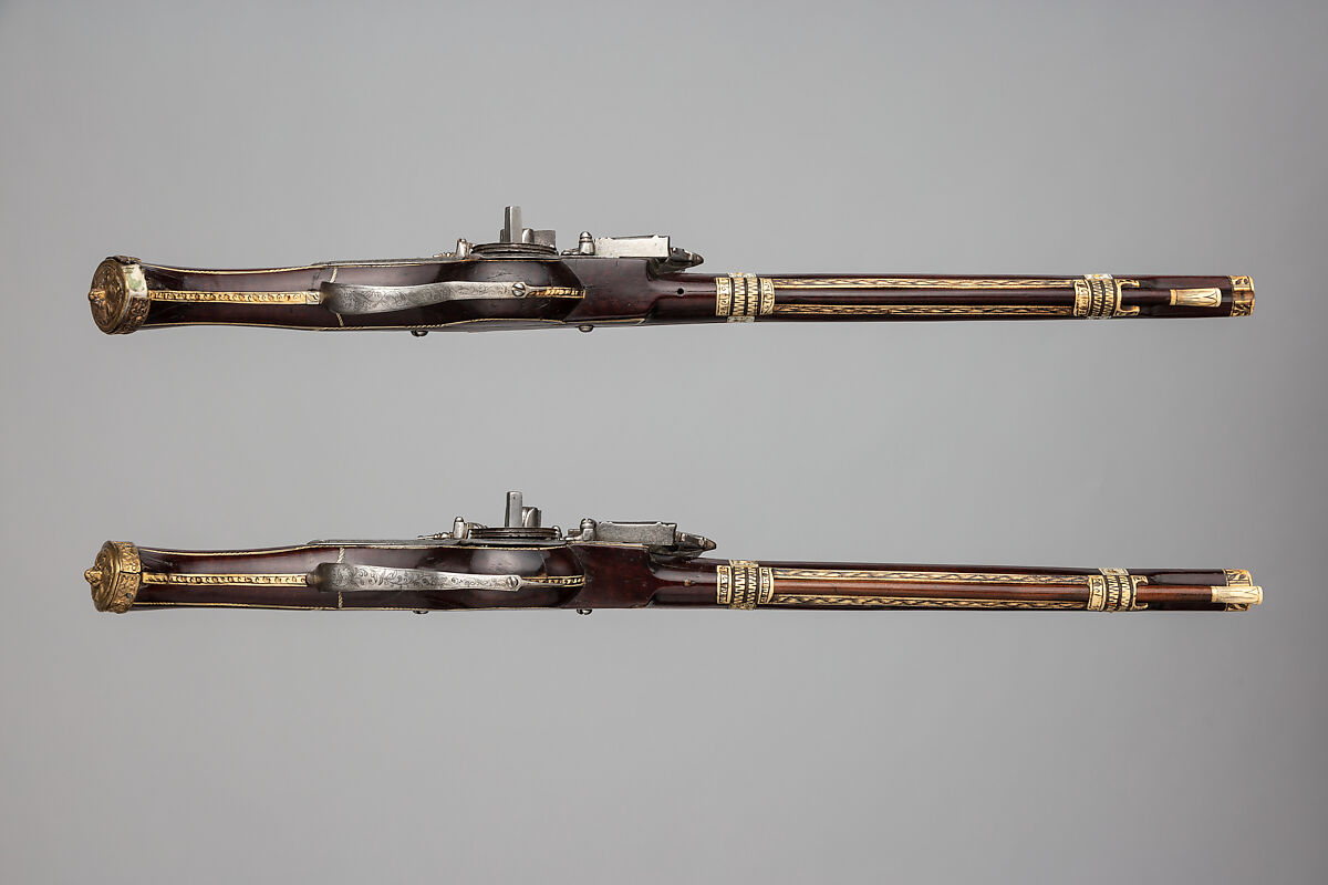 Pair of Wheellock Pistols, Wood (walnut), steel, staghorn, German