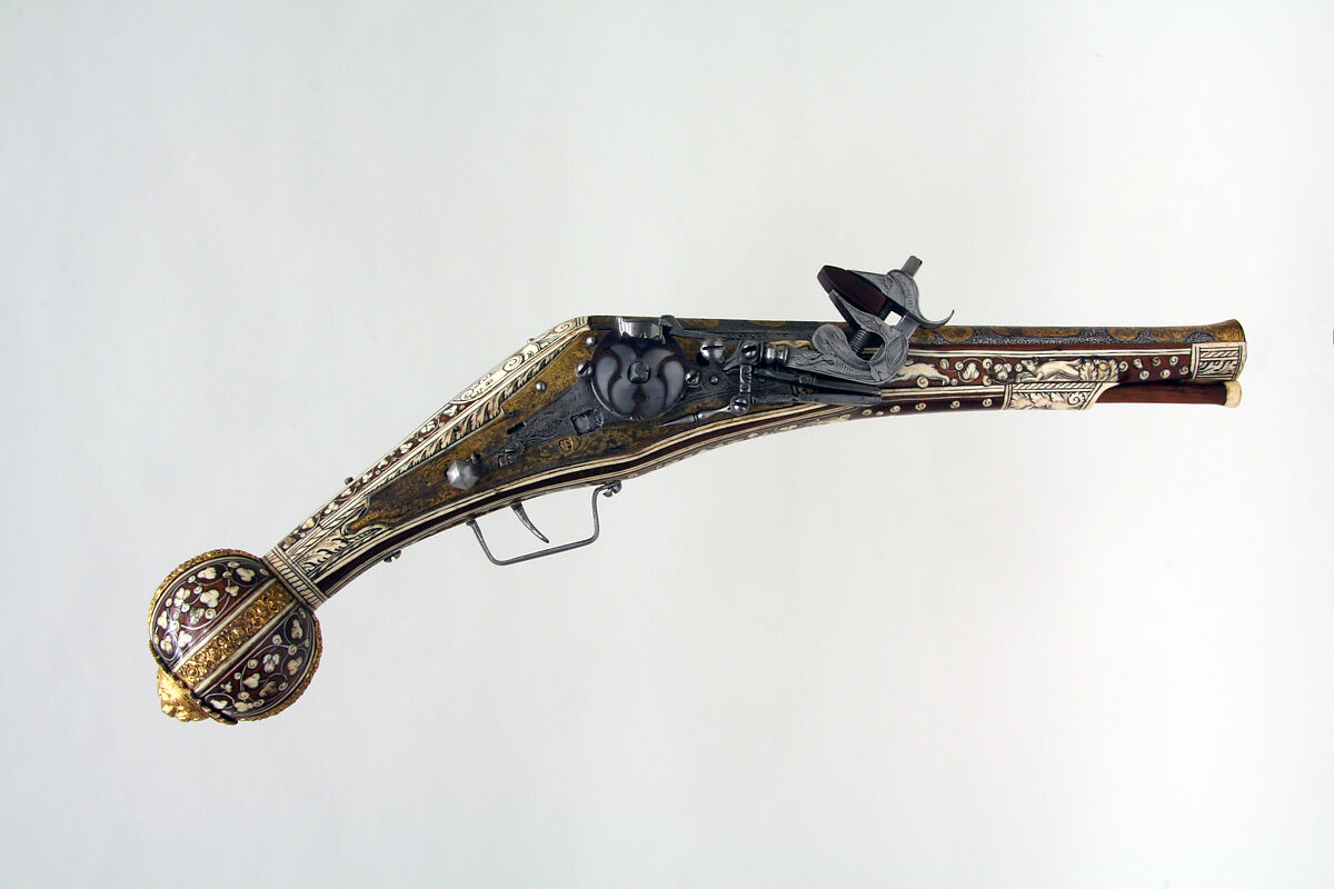 Wheellock Pistol, Wood, gold, steel, copper, bone, German, Nuremberg 