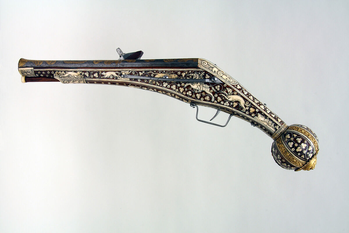 Wheellock Pistol, Wood, gold, steel, copper, bone, German, Nuremberg
