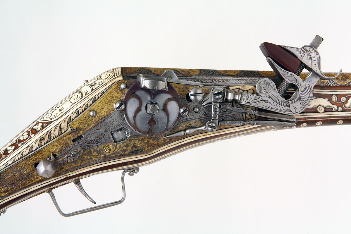 Wheellock Pistol, Wood, gold, steel, copper, bone, German, Nuremberg