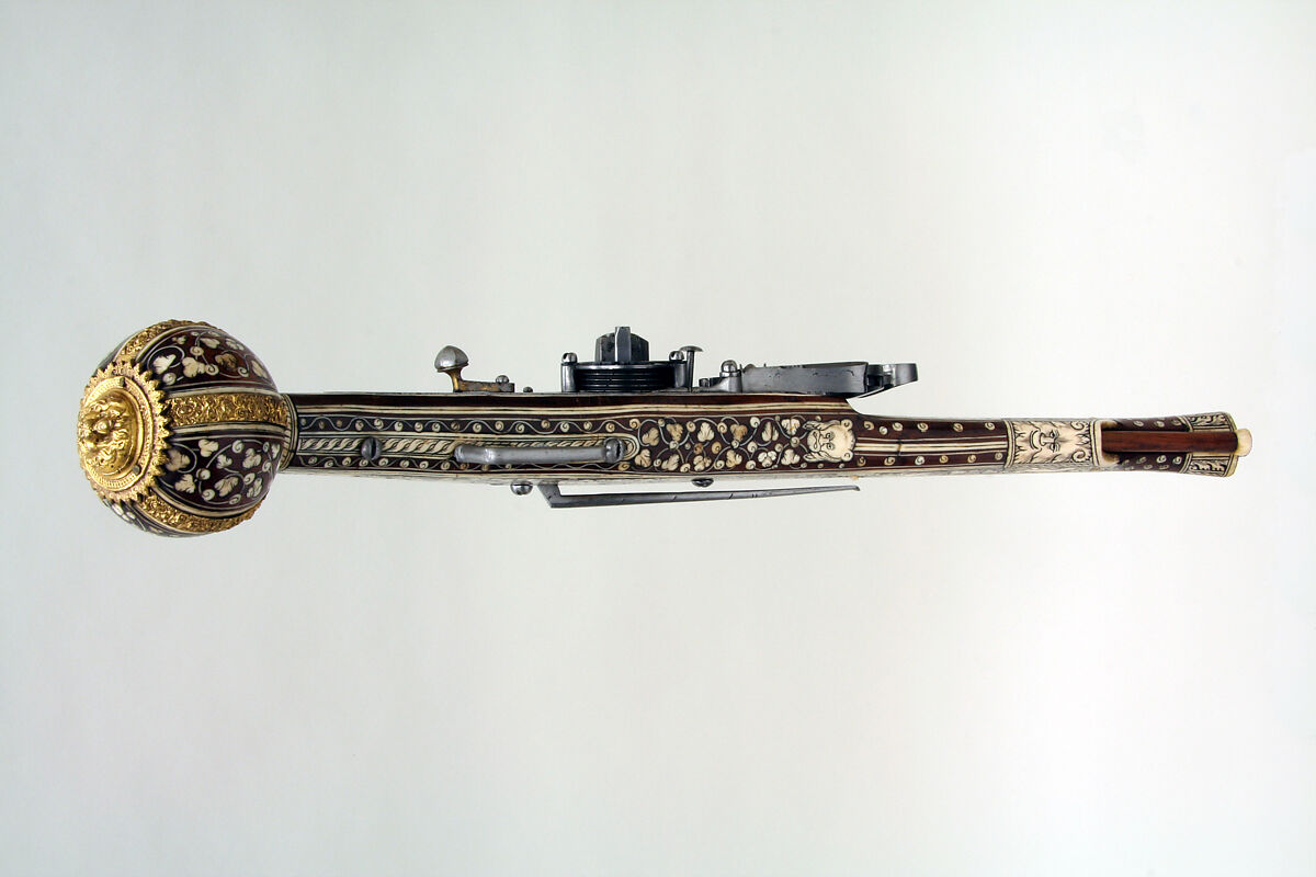 Wheellock Pistol, Wood, gold, steel, copper, bone, German, Nuremberg