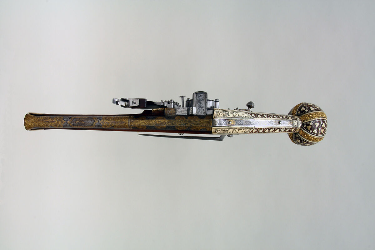 Wheellock Pistol, Wood, gold, steel, copper, bone, German, Nuremberg
