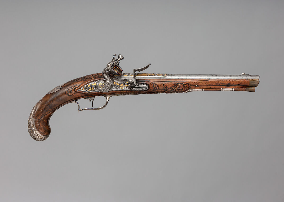 Flintlock Pistol, Steel, wood (walnut), silver, gold, horn, Bohemian, Carlsbad (now Karlovy Vary, Czech Republic) 