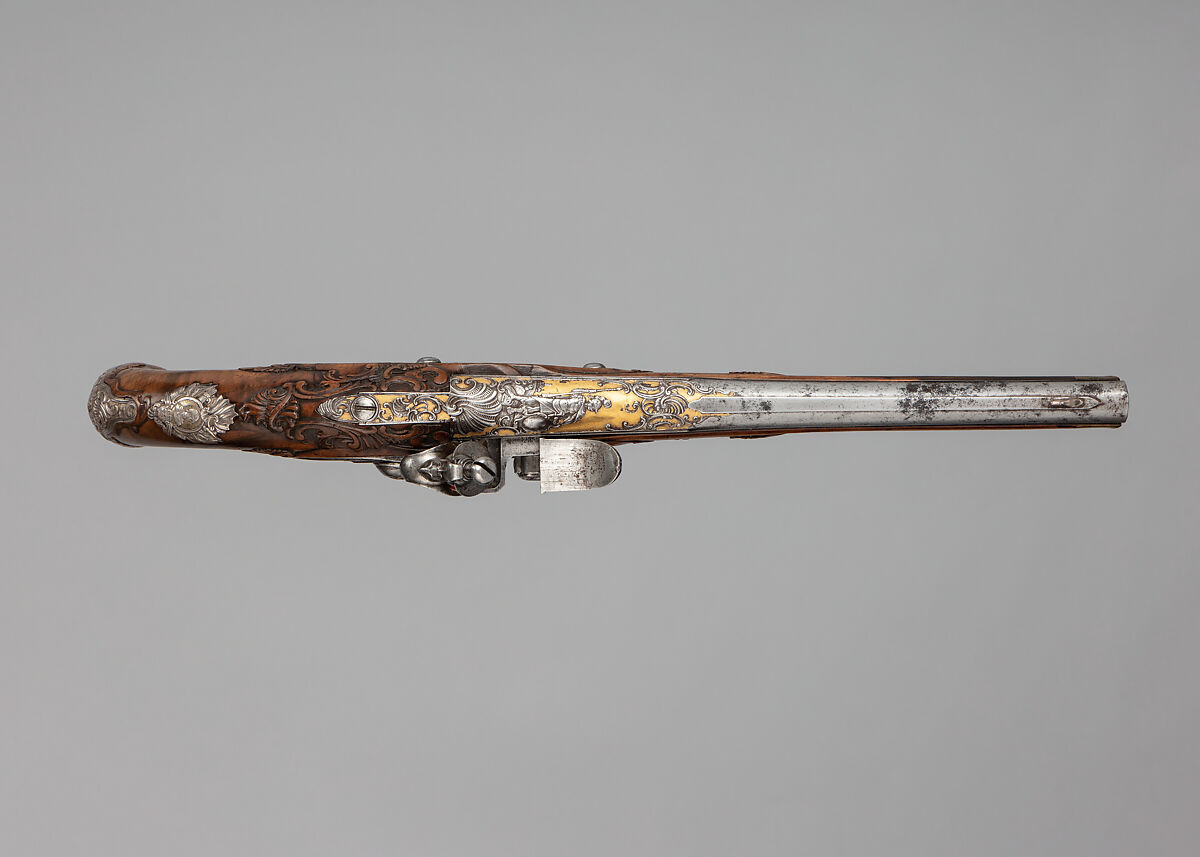 Flintlock Pistol, Steel, wood (walnut), silver, gold, horn, Bohemian, Carlsbad (now Karlovy Vary, Czech Republic)
