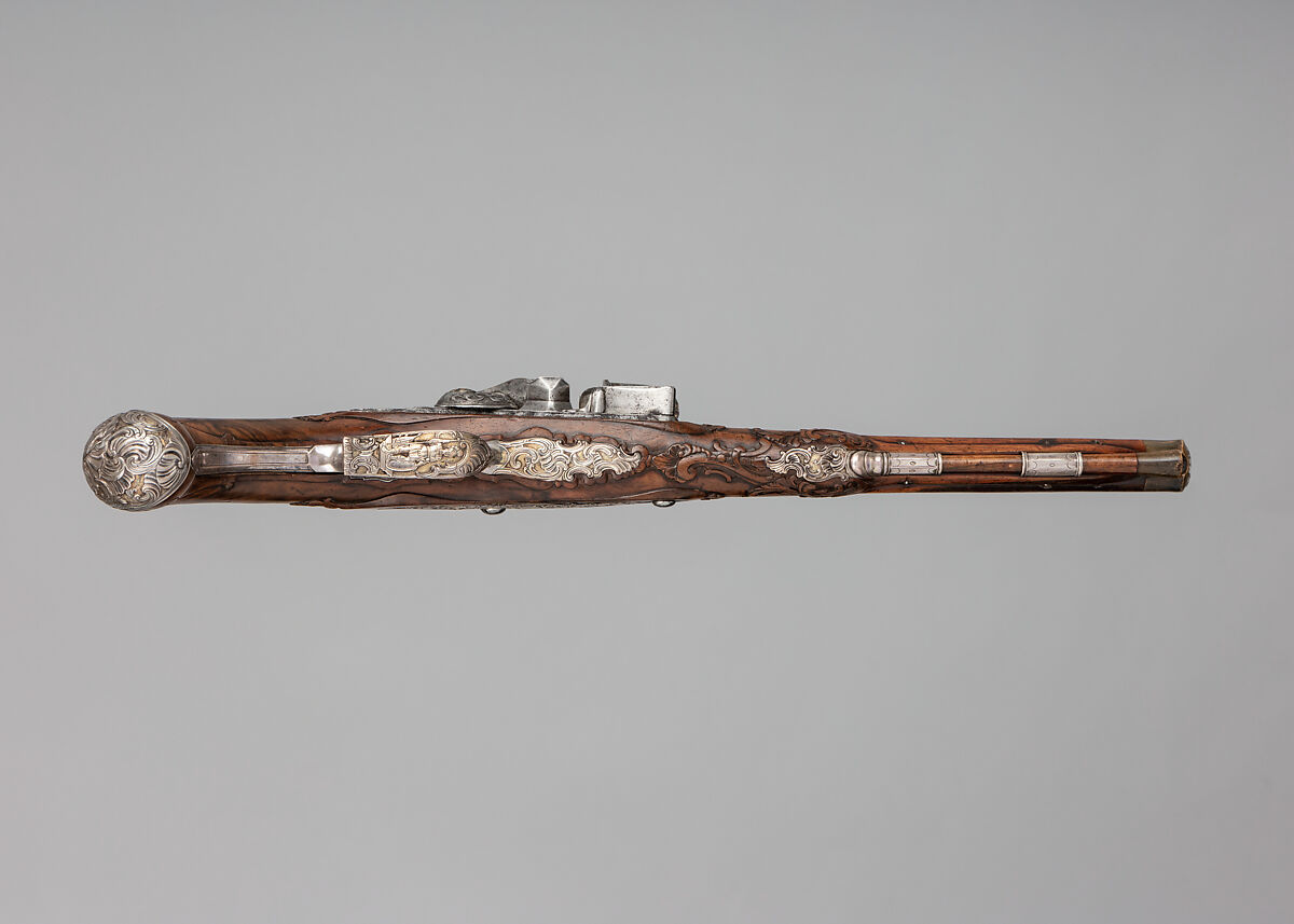 Flintlock Pistol, Steel, wood (walnut), silver, gold, horn, Bohemian, Carlsbad (now Karlovy Vary, Czech Republic)