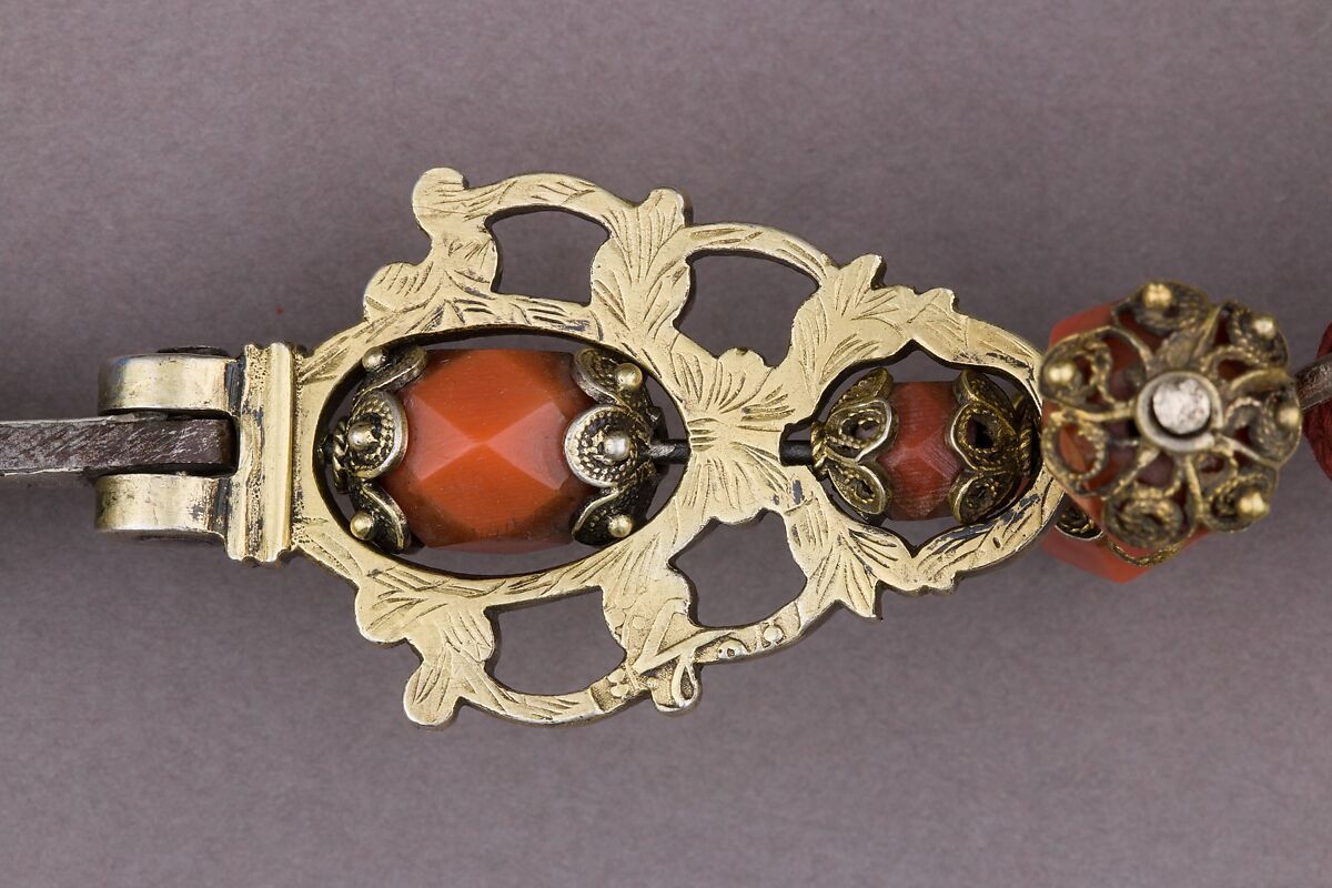 Priming Flask, Powder Measure, and Suspension Cords, Silver, gold, steel, coral, textile, Algerian