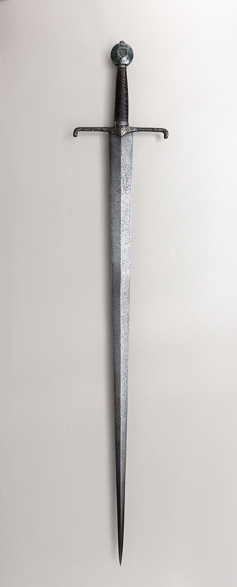 Knightly Sword, Steel, silver, gold, enamel, wood, leather, probably French 