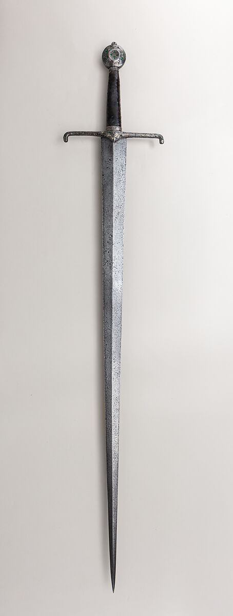 Knightly Sword, Steel, silver, gold, enamel, wood, leather, probably French