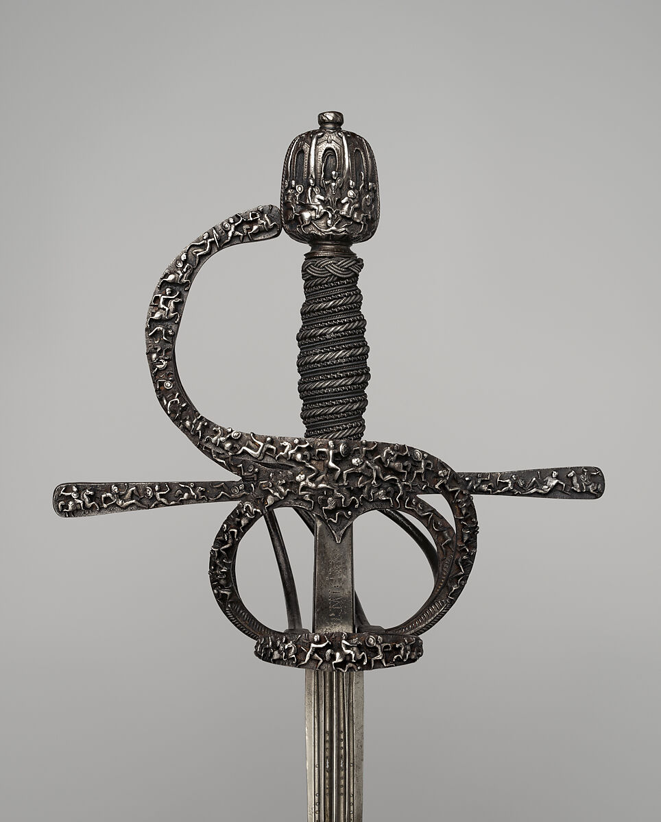 Rapier, Pietro de Formicano (Italian, Belluno, active ca. 1600), Steel, iron, hilt, Northern European, possibly German; blade, Italian, Belluno