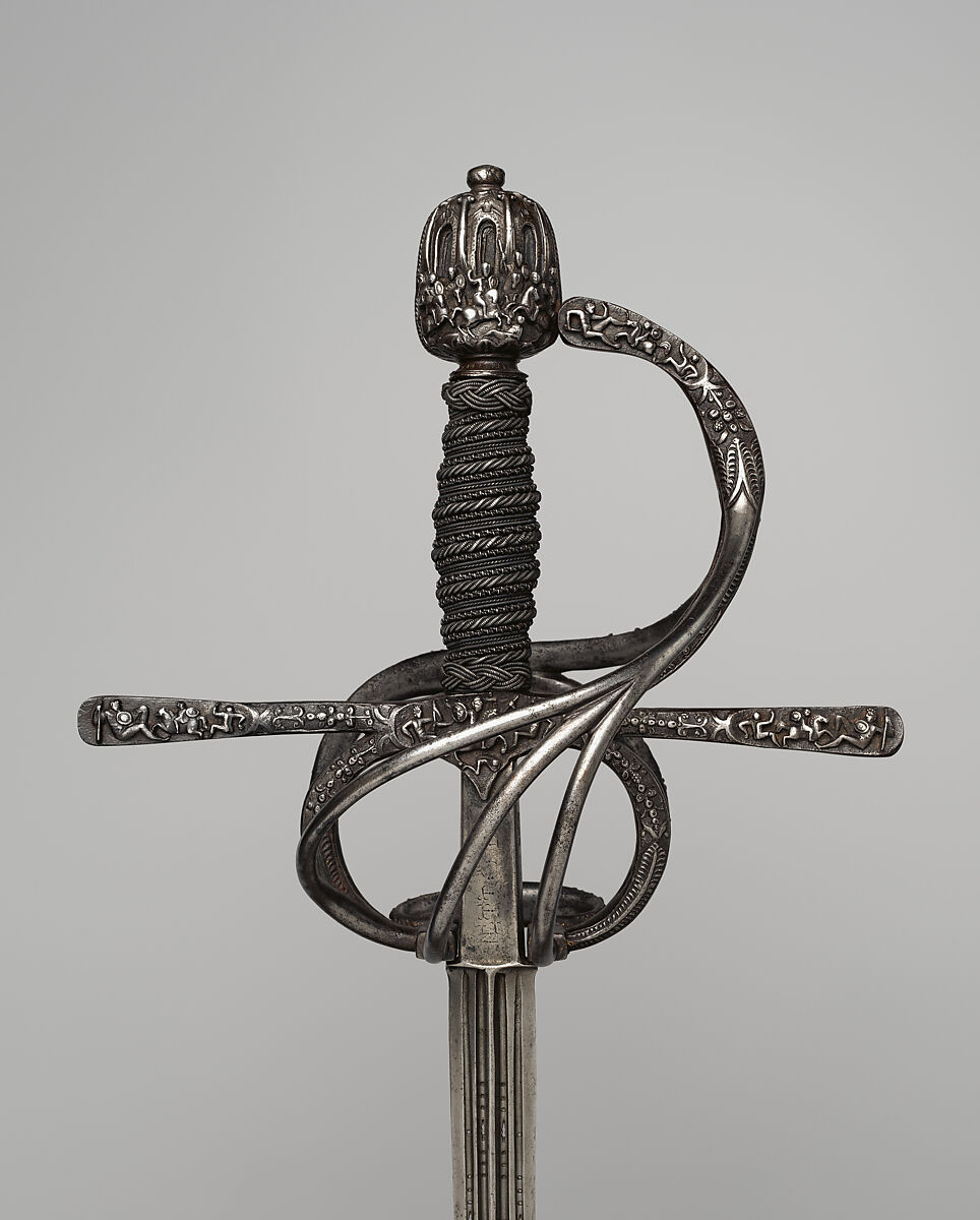Rapier, Pietro de Formicano (Italian, Belluno, active ca. 1600), Steel, iron, hilt, Northern European, possibly German; blade, Italian, Belluno