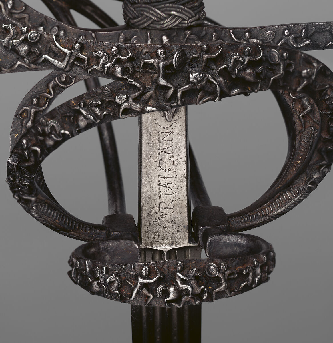 Rapier, Pietro de Formicano (Italian, Belluno, active ca. 1600), Steel, iron, hilt, Northern European, possibly German; blade, Italian, Belluno