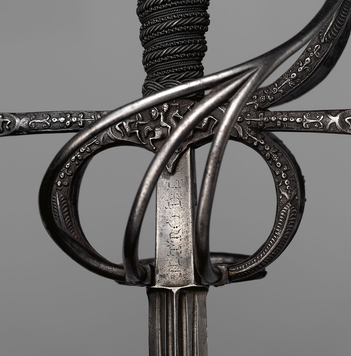 Rapier, Pietro de Formicano (Italian, Belluno, active ca. 1600), Steel, iron, hilt, Northern European, possibly German; blade, Italian, Belluno