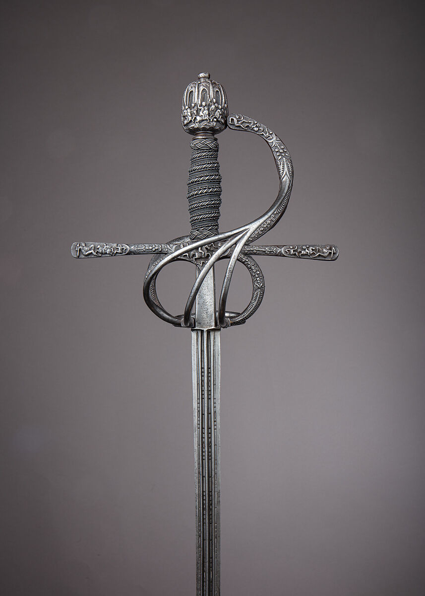 Rapier, Pietro de Formicano (Italian, Belluno, active ca. 1600), Steel, iron, hilt, Northern European, possibly German; blade, Italian, Belluno