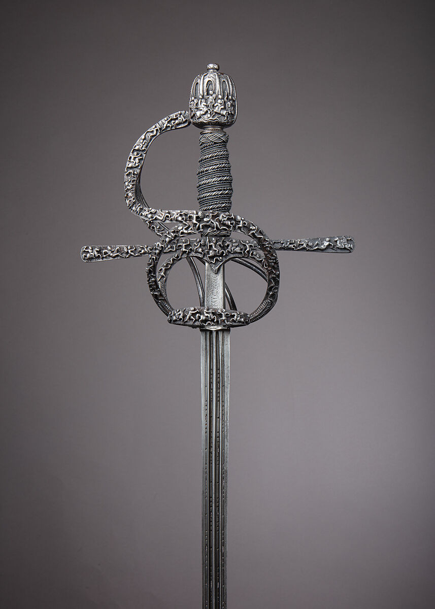 Rapier, Pietro de Formicano (Italian, Belluno, active ca. 1600), Steel, iron, hilt, Northern European, possibly German; blade, Italian, Belluno