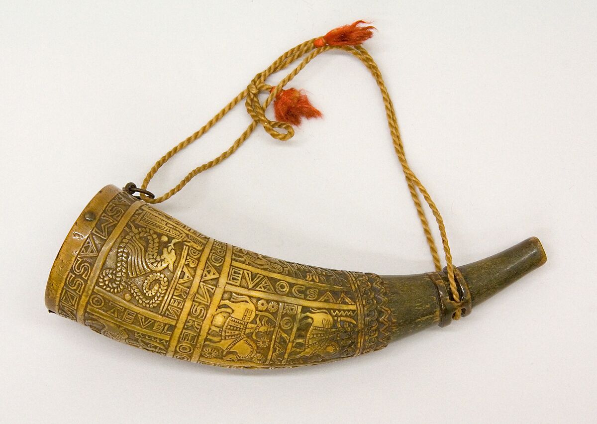 Powder Flask, Horn (cow), wood, brass, cord, Norwegian