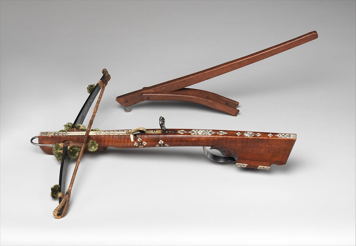 Light Crossbow (Schnepper) and Lever from the Armory of Moritzburg Castle, Steel, wood (walnut and possibly hornbeam), staghorn, horn, wool, silk, German, Dresden
