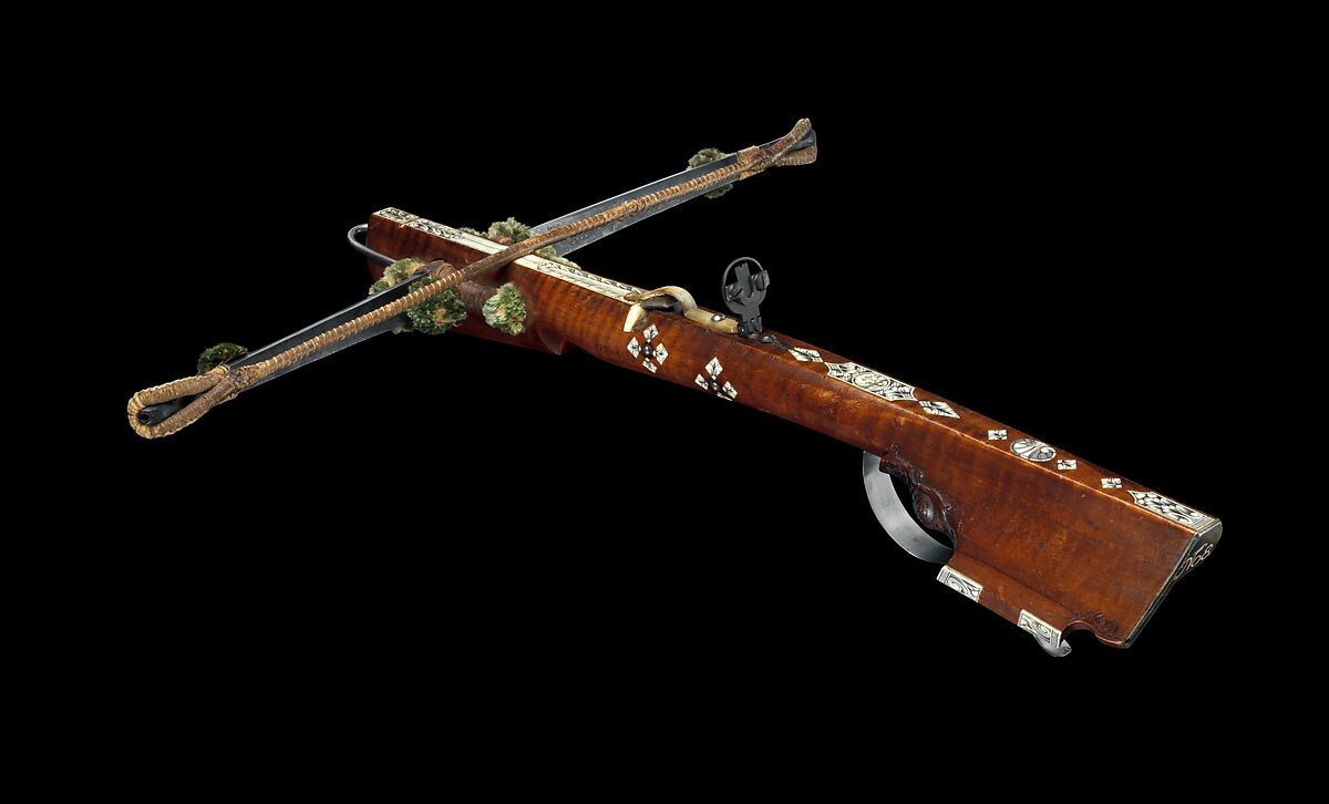 Light Crossbow (Schnepper) and Lever from the Armory of Moritzburg Castle, Steel, wood (walnut and possibly hornbeam), staghorn, horn, wool, silk, German, Dresden