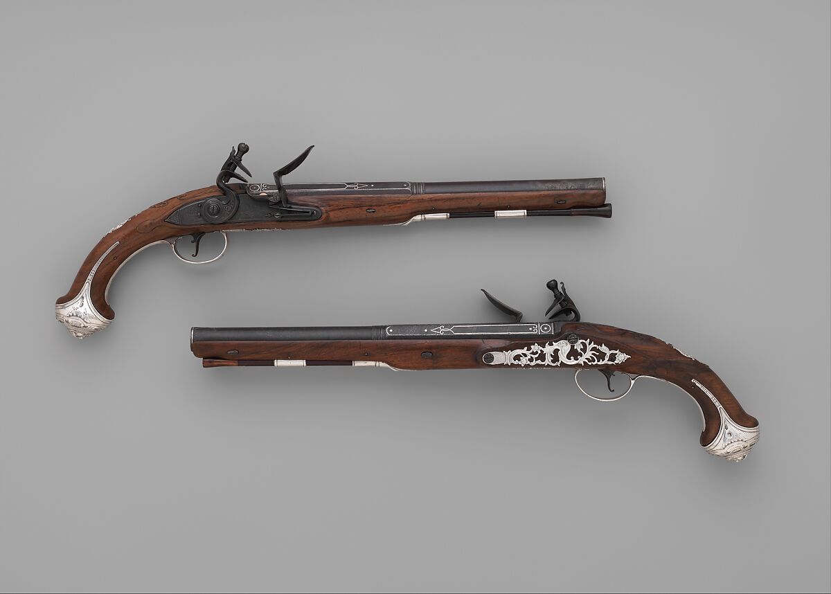 Pair of Flintlock Pistols, Steel, silver, wood (walnut), horn, Irish 