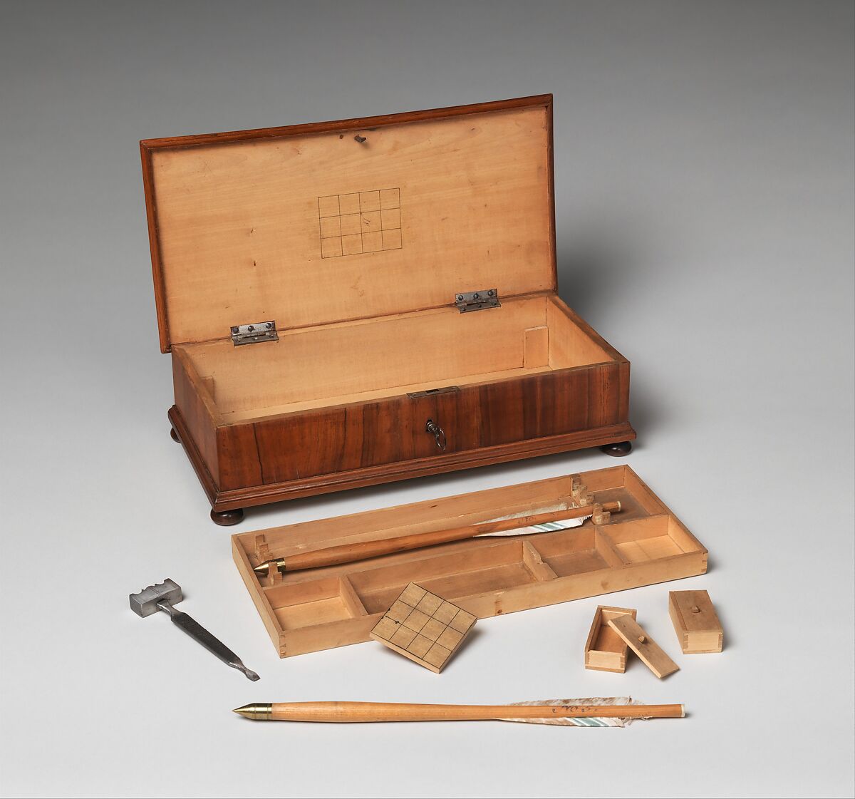 Crossbow Bolt Box (Bolzenkasten) with Accessories, Wood (poplar, walnut, plum, ash), steel, iron alloy, copper alloy, staghorn, feathers (probably goose), German, probably Dresden 