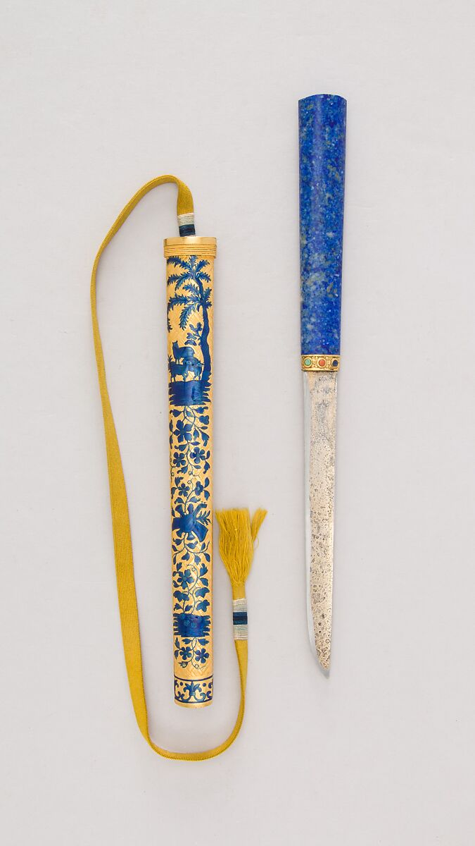 Imperial Knife with Sheath, Steel, lapis lazuli, turquoise, pink stone, gold, enamel, Chinese 