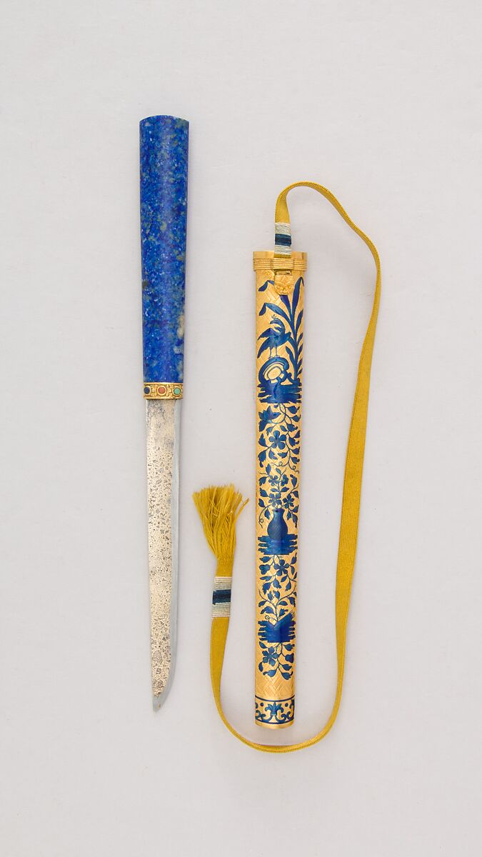 Imperial Knife with Sheath, Steel, lapis lazuli, turquoise, pink stone, gold, enamel, Chinese