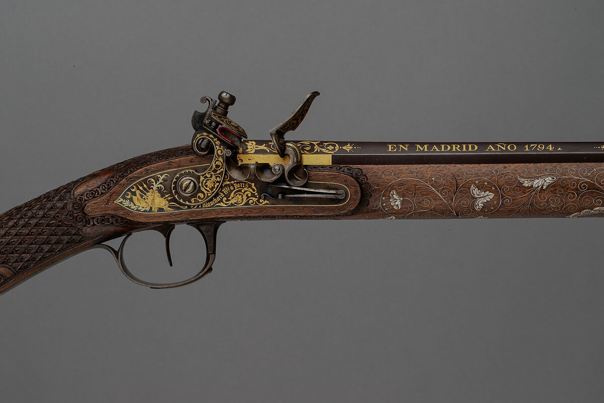 Flintlock Smooth Bore Gun, Steel, wood (walnut), silver, gold, Spanish, Madrid