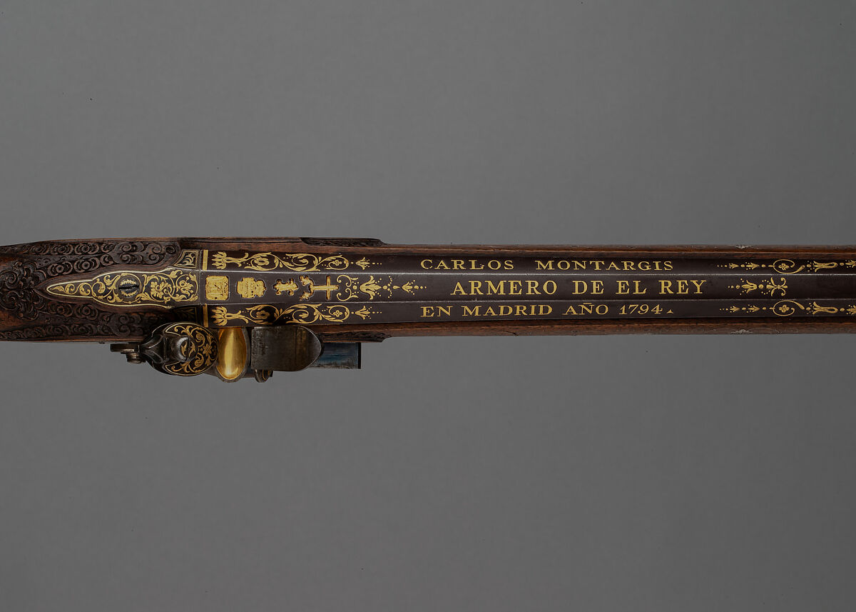Flintlock Smooth Bore Gun, Steel, wood (walnut), silver, gold, Spanish, Madrid