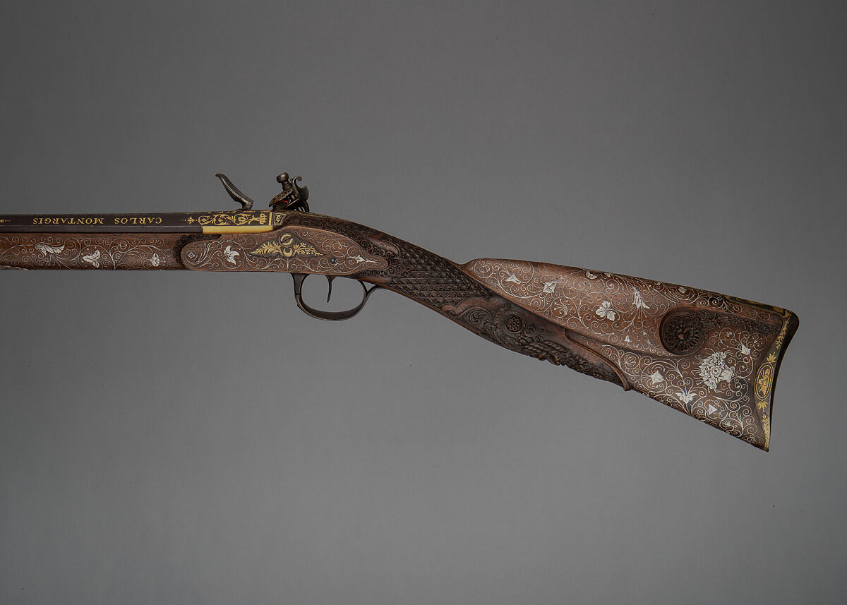 Flintlock Smooth Bore Gun, Steel, wood (walnut), silver, gold, Spanish, Madrid