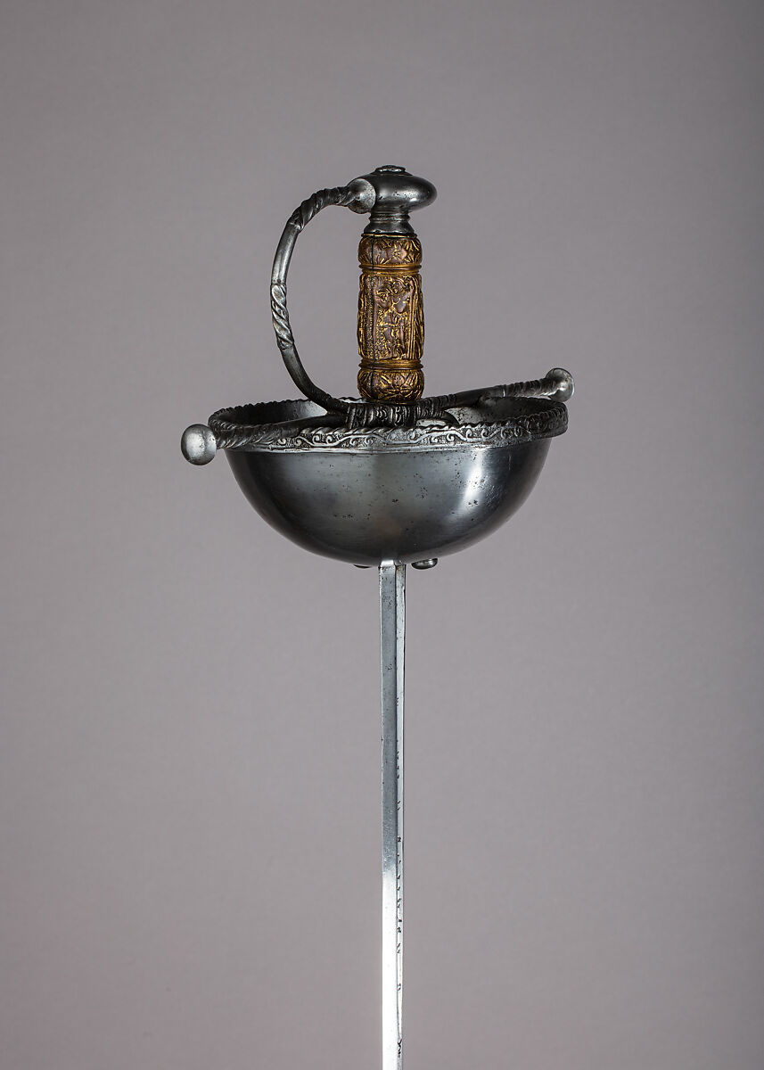 Cup-Hilted Rapier, Steel, bronze, gold, Spanish