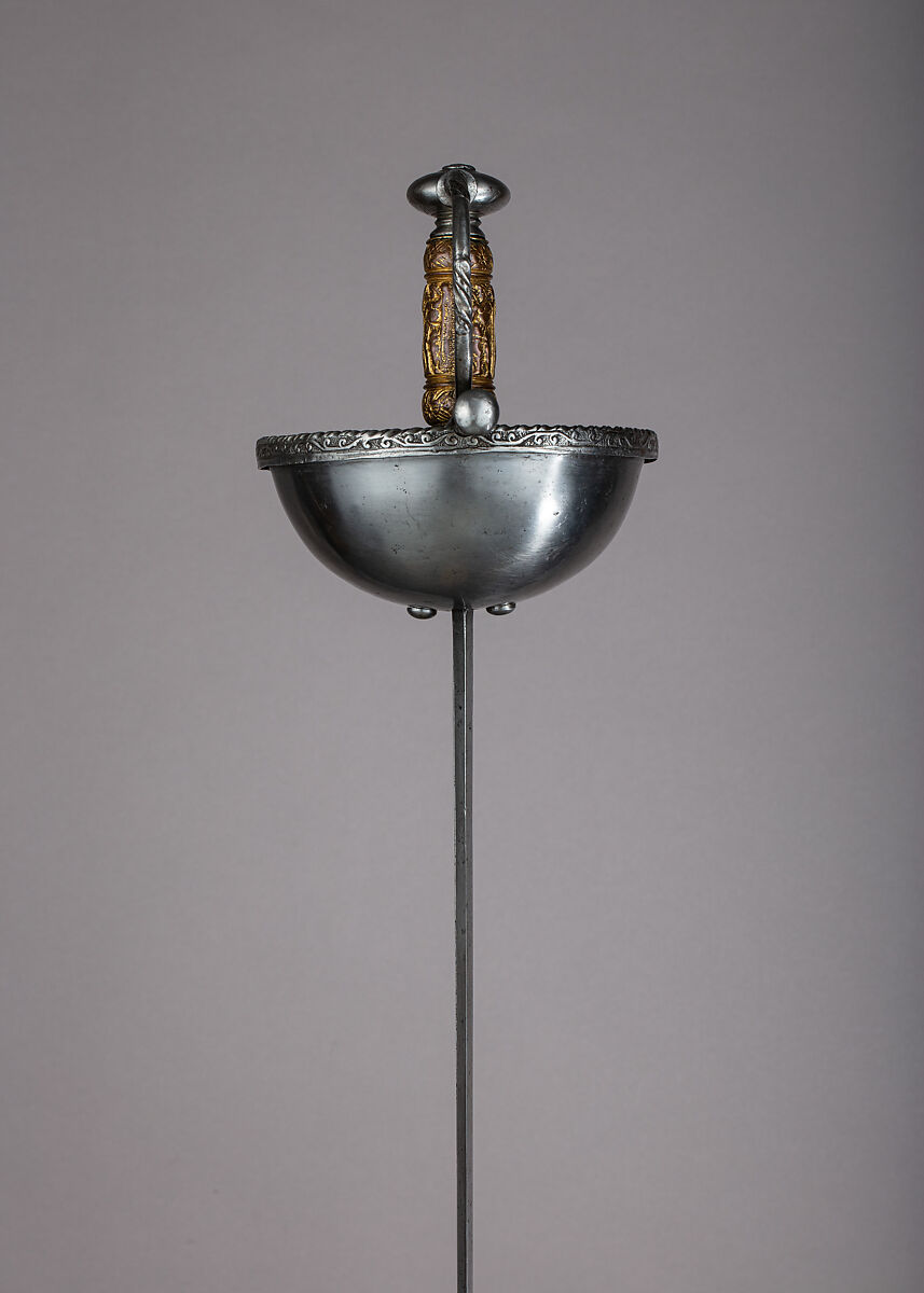 Cup-Hilted Rapier, Steel, bronze, gold, Spanish