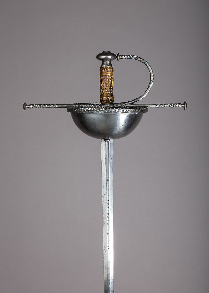 Cup-Hilted Rapier, Steel, bronze, gold, Spanish