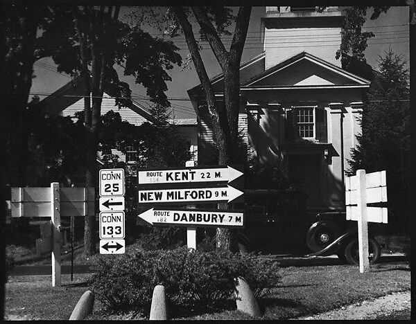 [Church with Roadside Highway Signs in Foreground, Brookfield, Connecticut], Walker Evans (American, St. Louis, Missouri 1903–1975 New Haven, Connecticut), Film negative 