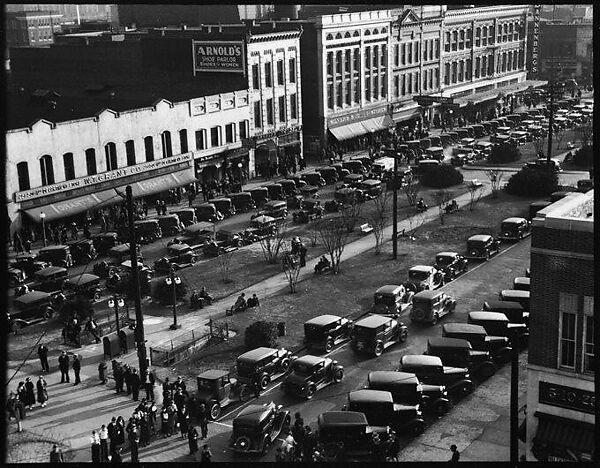 [Stores and Parked Cars on Main Street, From High Elevation, Macon, Georgia], Walker Evans (American, St. Louis, Missouri 1903–1975 New Haven, Connecticut), Film negative 