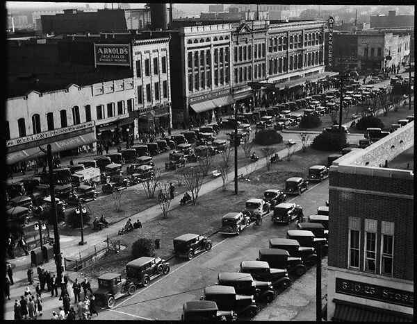 [Stores and Parked Cars on Main Street, From High Elevation, Macon, Georgia], Walker Evans (American, St. Louis, Missouri 1903–1975 New Haven, Connecticut), Film negative 