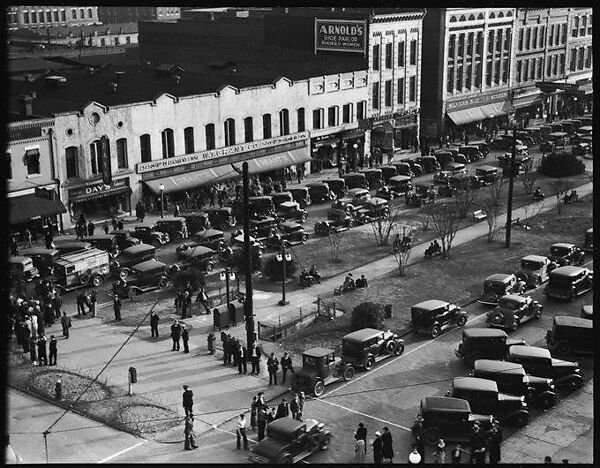 [Stores and Parked Cars on Main Street, From High Elevation, Macon, Georgia], Walker Evans (American, St. Louis, Missouri 1903–1975 New Haven, Connecticut), Film negative 