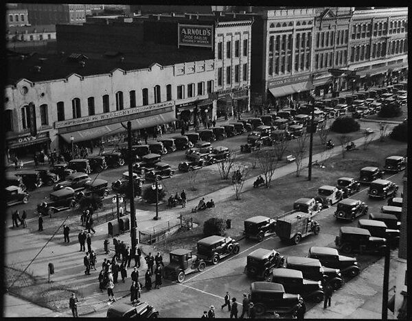 [Stores and Parked Cars on Main Street, From High Elevation, Macon, Georgia], Walker Evans (American, St. Louis, Missouri 1903–1975 New Haven, Connecticut), Film negative 