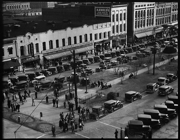 [Stores and Parked Cars on Main Street, From High Elevation, Macon, Georgia], Walker Evans (American, St. Louis, Missouri 1903–1975 New Haven, Connecticut), Film negative 