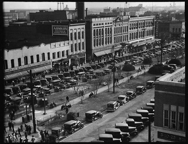 [Stores and Parked Cars on Main Street, From High Elevation, Macon, Georgia], Walker Evans (American, St. Louis, Missouri 1903–1975 New Haven, Connecticut), Film negative 