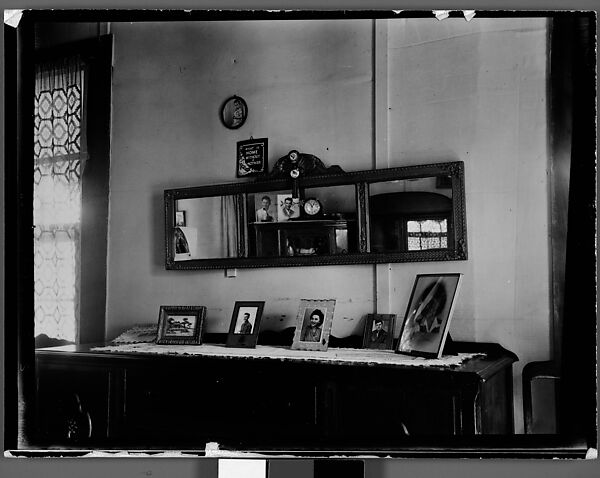 [Three Panel Mirror above Sideboard with Framed Photographs, Estate of Suzette Morton Hamill, Lake Forest, Illinois?], Walker Evans (American, St. Louis, Missouri 1903–1975 New Haven, Connecticut), Film negative 