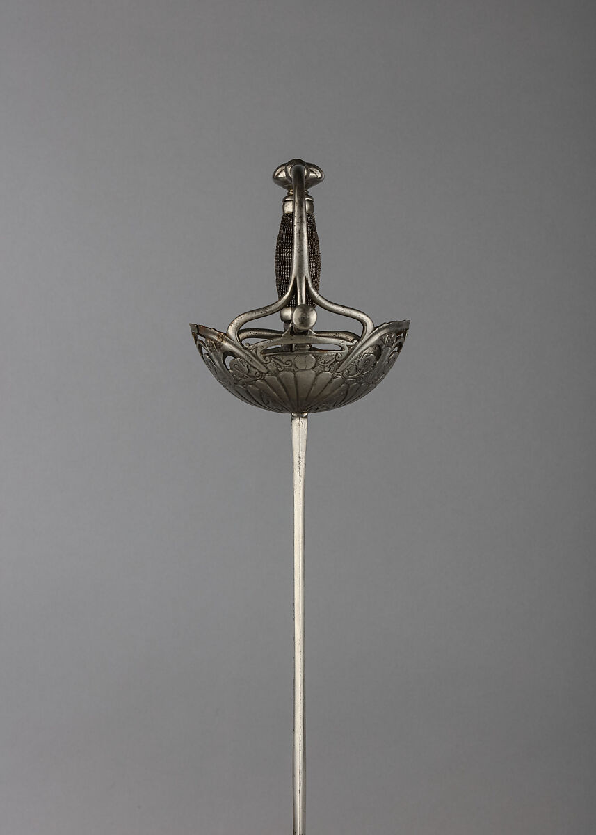 Cup-Hilted Rapier, Blade inscribed by Peter Tesche (German, Solingen, active mid-17th century), Steel, wood, iron, leather, German, Solingen; hilt, possibly Spanish