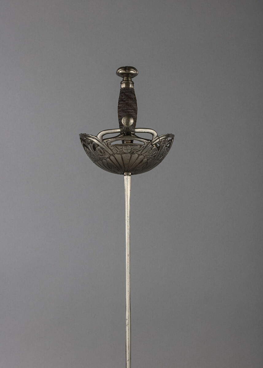 Cup-Hilted Rapier, Blade inscribed by Peter Tesche (German, Solingen, active mid-17th century), Steel, wood, iron, leather, German, Solingen; hilt, possibly Spanish