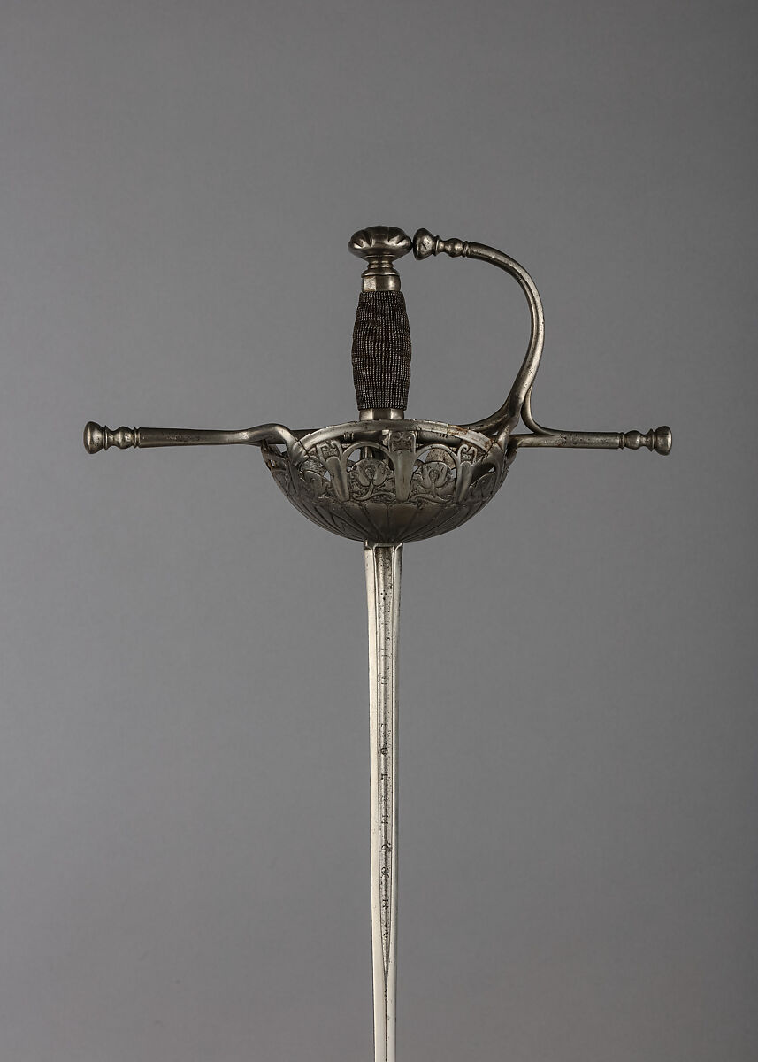 Cup-Hilted Rapier, Blade inscribed by Peter Tesche (German, Solingen, active mid-17th century), Steel, wood, iron, leather, German, Solingen; hilt, possibly Spanish